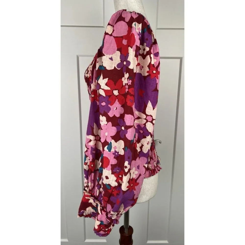 Free People Ariana Smocked Floral Top M Pink Red Balloon Sleeve Cottagecore